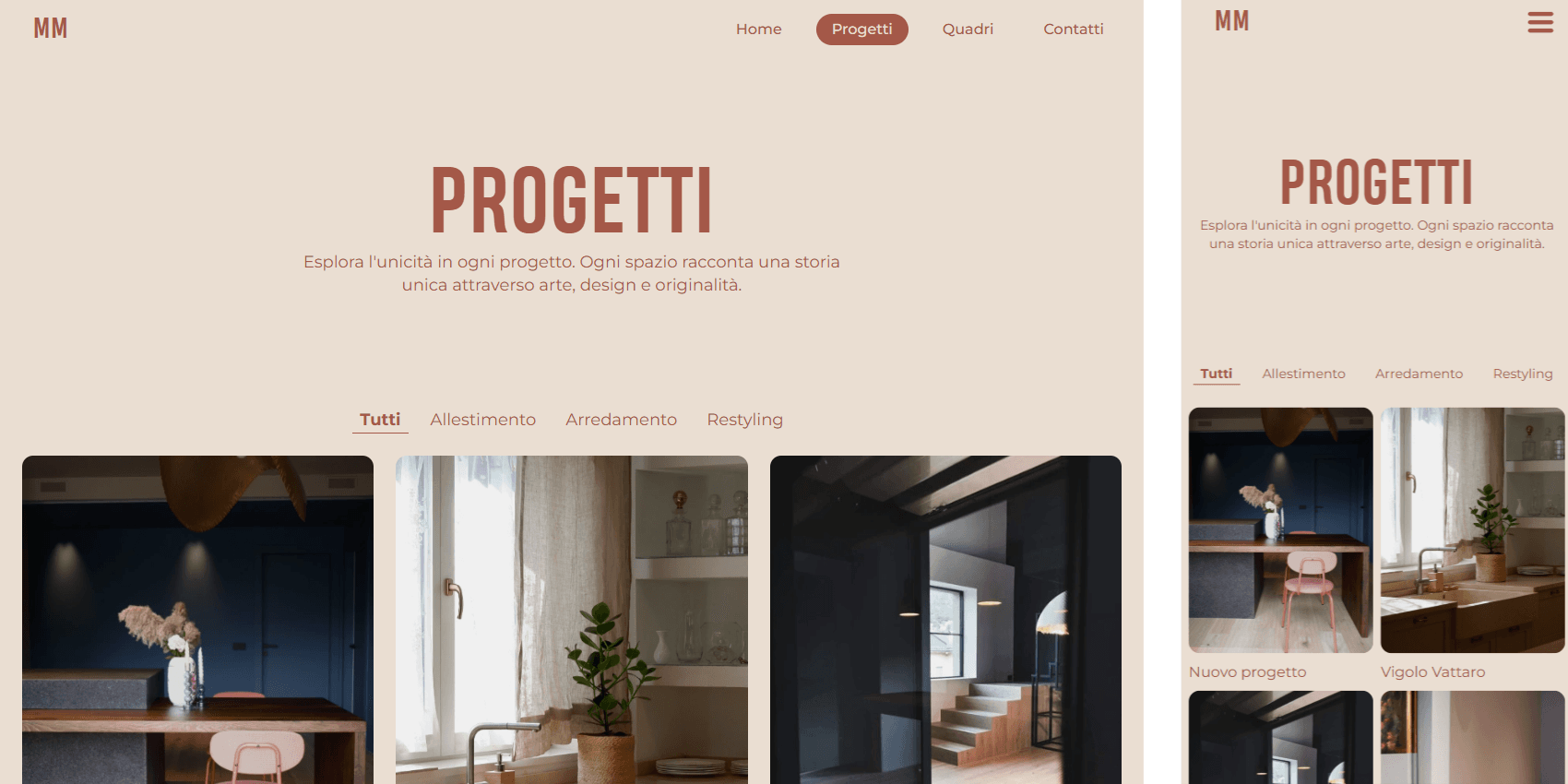 MM pagina dei progetti Pagina dei progetti con breve descrizione e filtro per categorie con carte con immagini dei singoli progetti sotto.