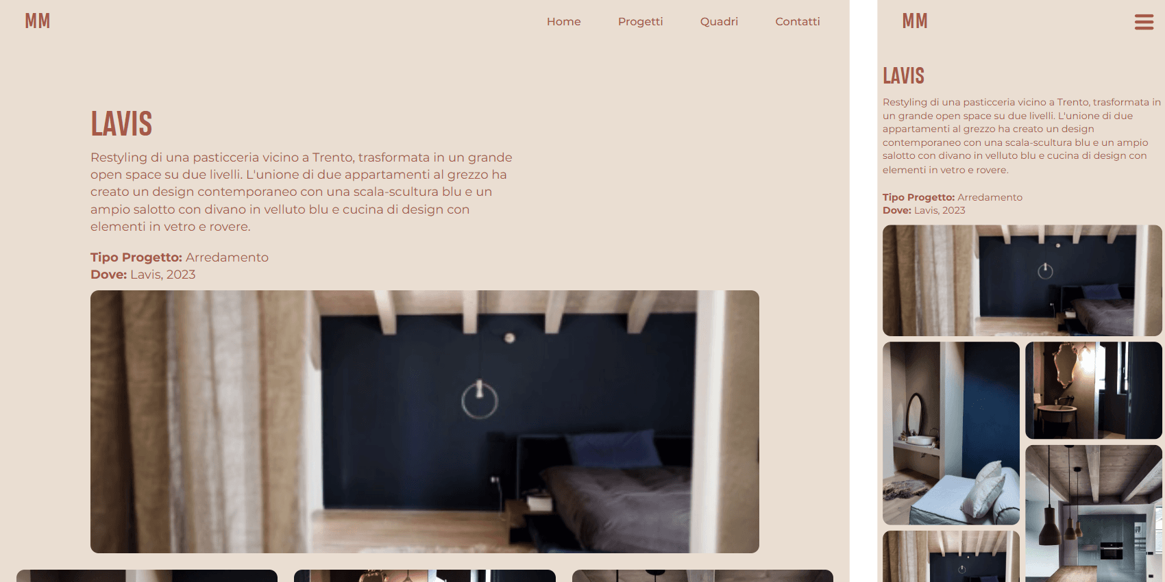 MM pagina post L pagina di un progetto con titolo e descrizione e metadata aggiuntivi con immagini subito sotto.