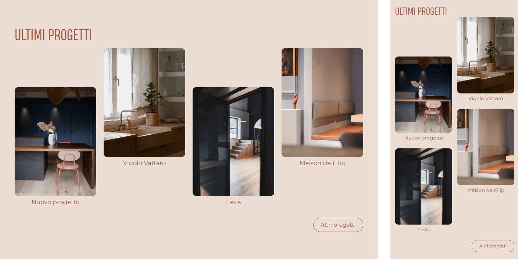 MM sezione ultimi progetti Sezione di un sito che raffigura una griglia di quattro progetti recentemente pubblicati con immagine copertina e titolo e un bottone che chiama all'azione per mostrare ulteriori progetti.