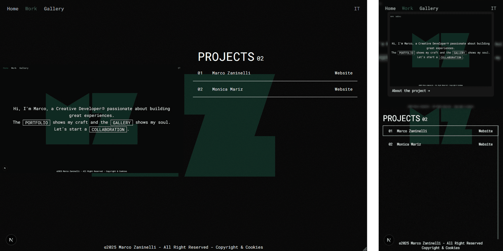 MZ progetti Pagina dei progetti con griglia dei progetti sulla destra e immagine sulla sinistra.