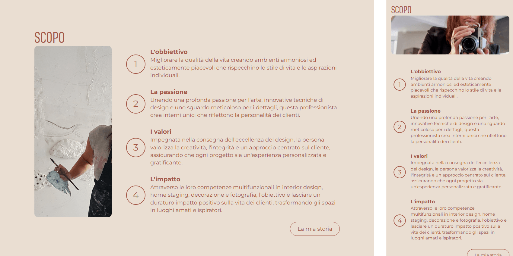 MM sezione obbiettivi Sezione di un sito per gli obbiettivi della persona con un immagine su lato sinitro della pagina e quattro obiettivi elencati sul lato destro della pagine con un bottone che incita all'azione in basso a destra.